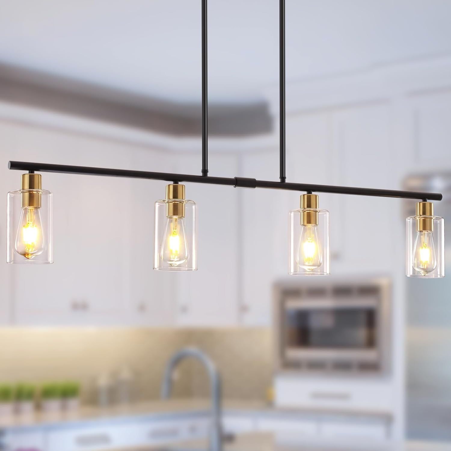 Black and Gold 4-Light Linear Kitchen Island Pendant with Glass Shades