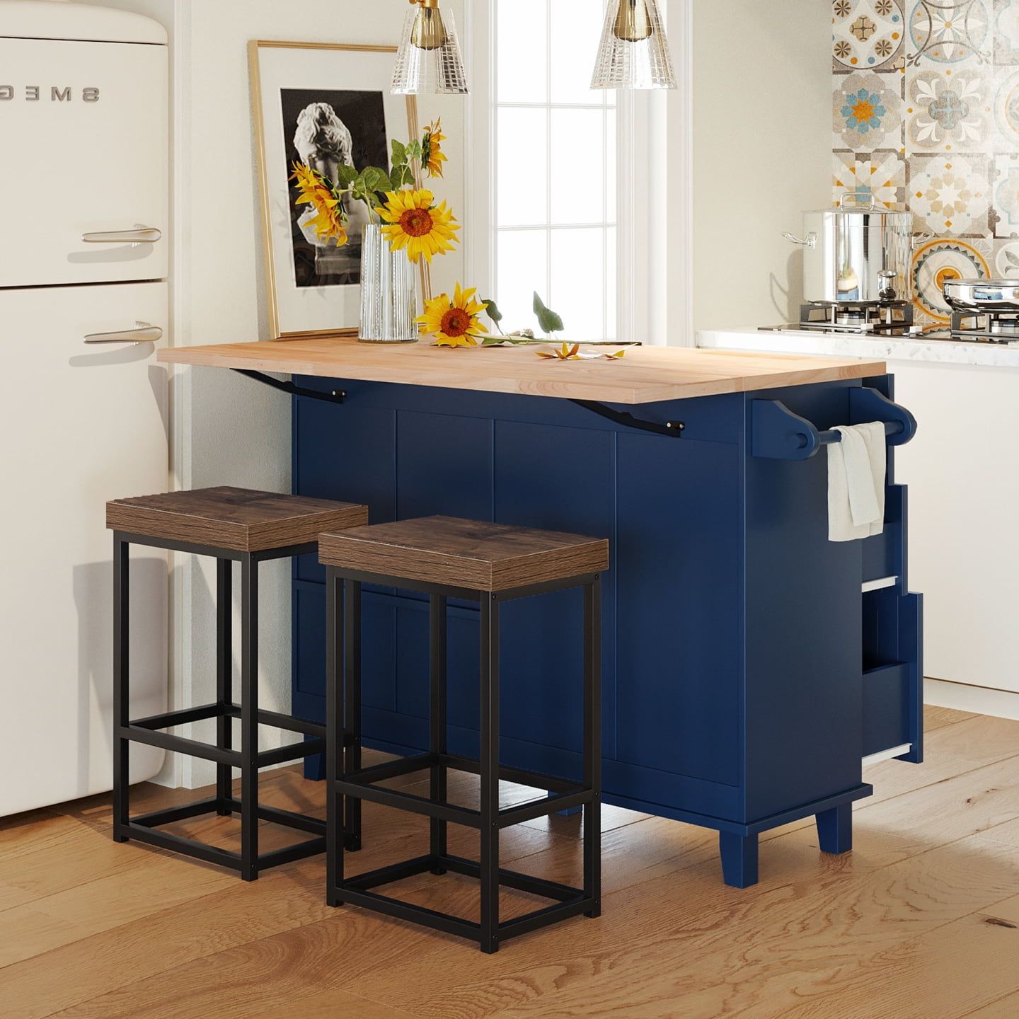 Blue Kitchen Island with Drop-Leaf and Stools