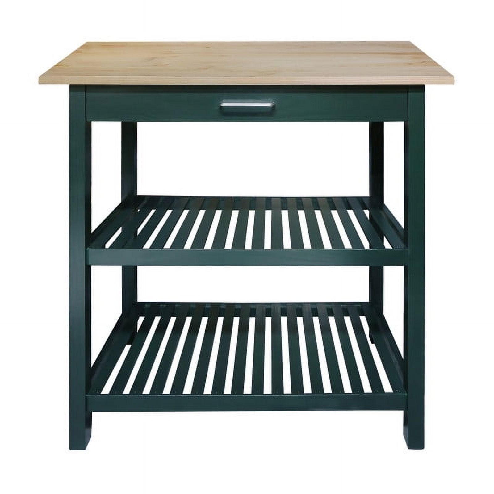 Natural Solid Wood Top Hunter Green Kitchen Island with Shelves