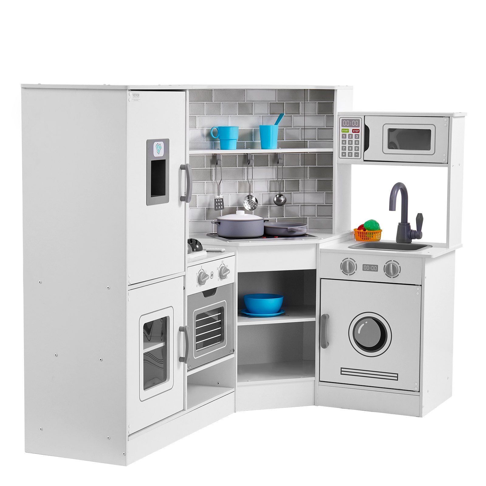 White Wooden Corner Kitchen Playset with Realistic Sounds and Lights