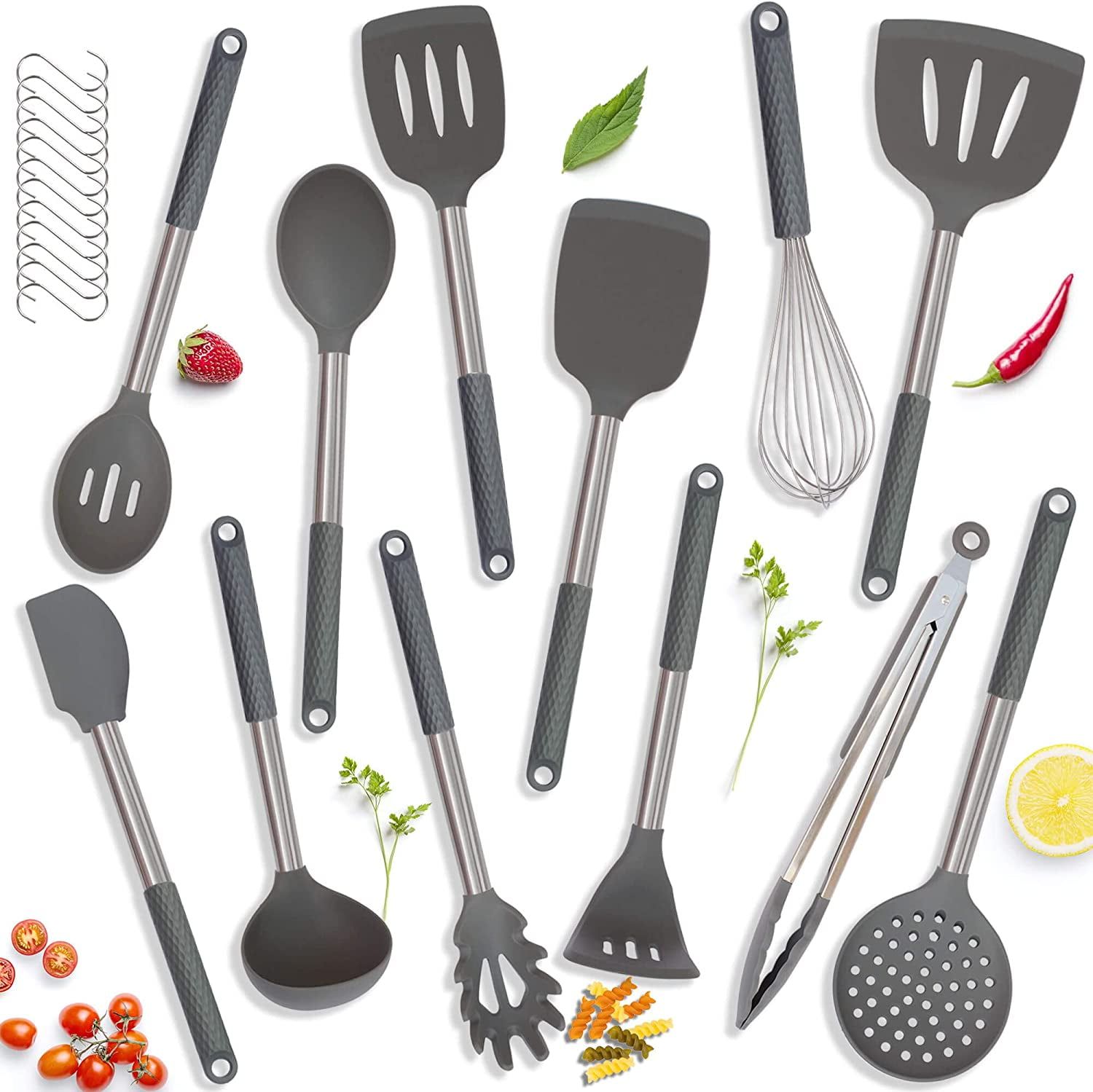 Gray Silicone and Stainless Steel 12-Piece Cooking Utensil Set