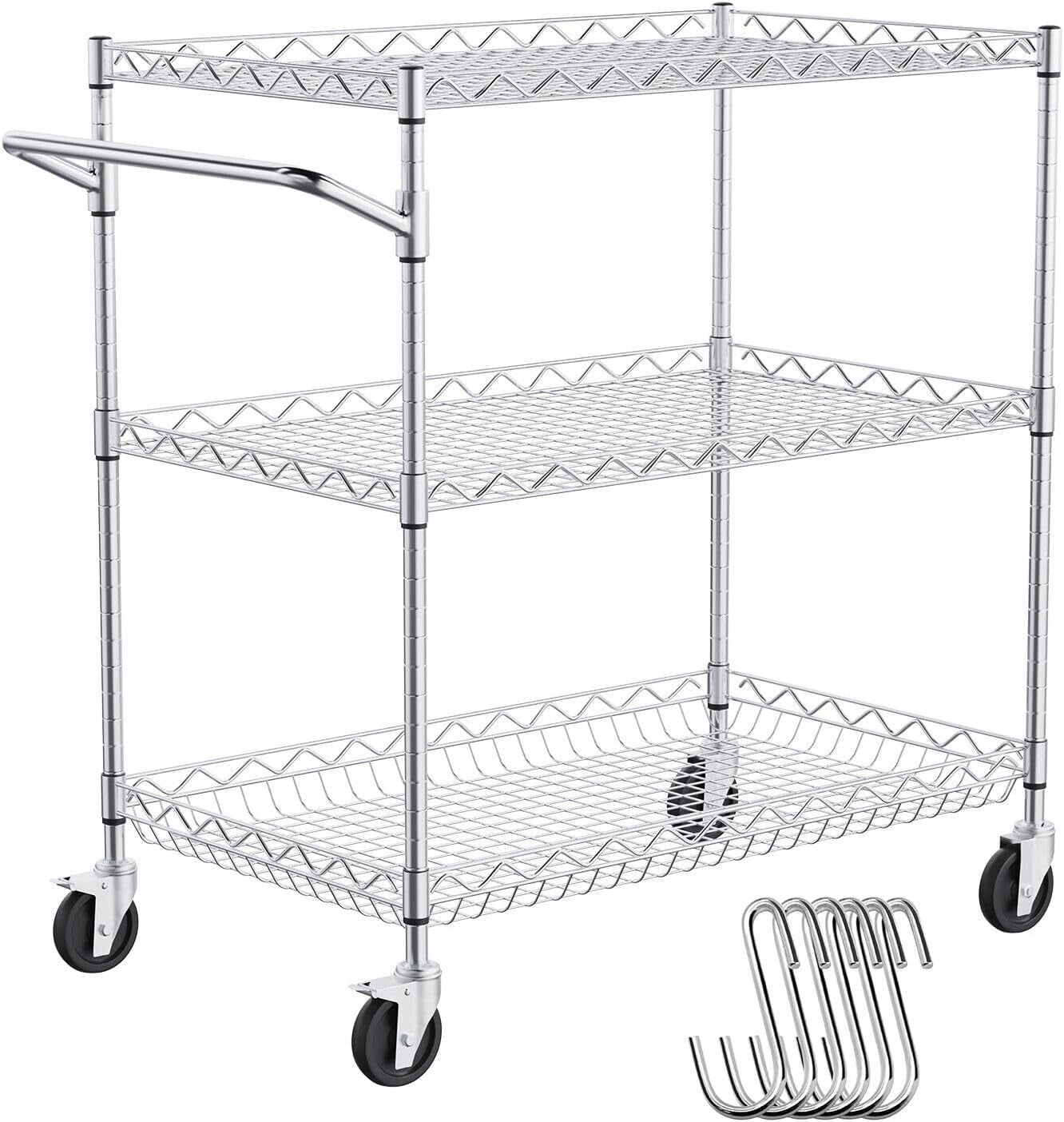 Silver 3-Tier Steel Utility Cart with Hooks and Wheels