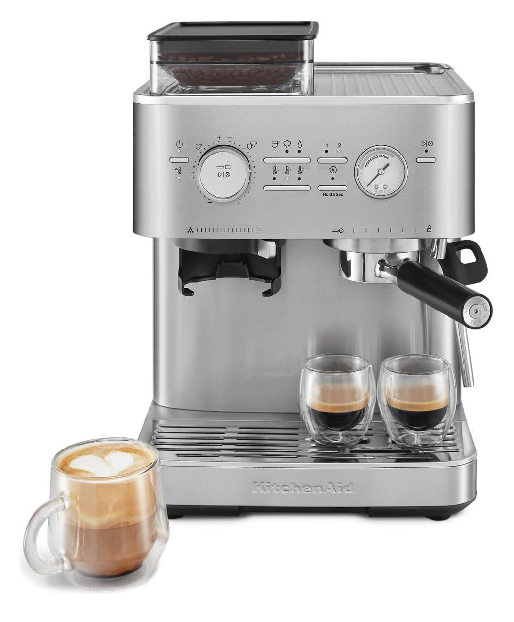 Brushed Stainless Steel Semi-Automatic Espresso Machine with Burr Grinder