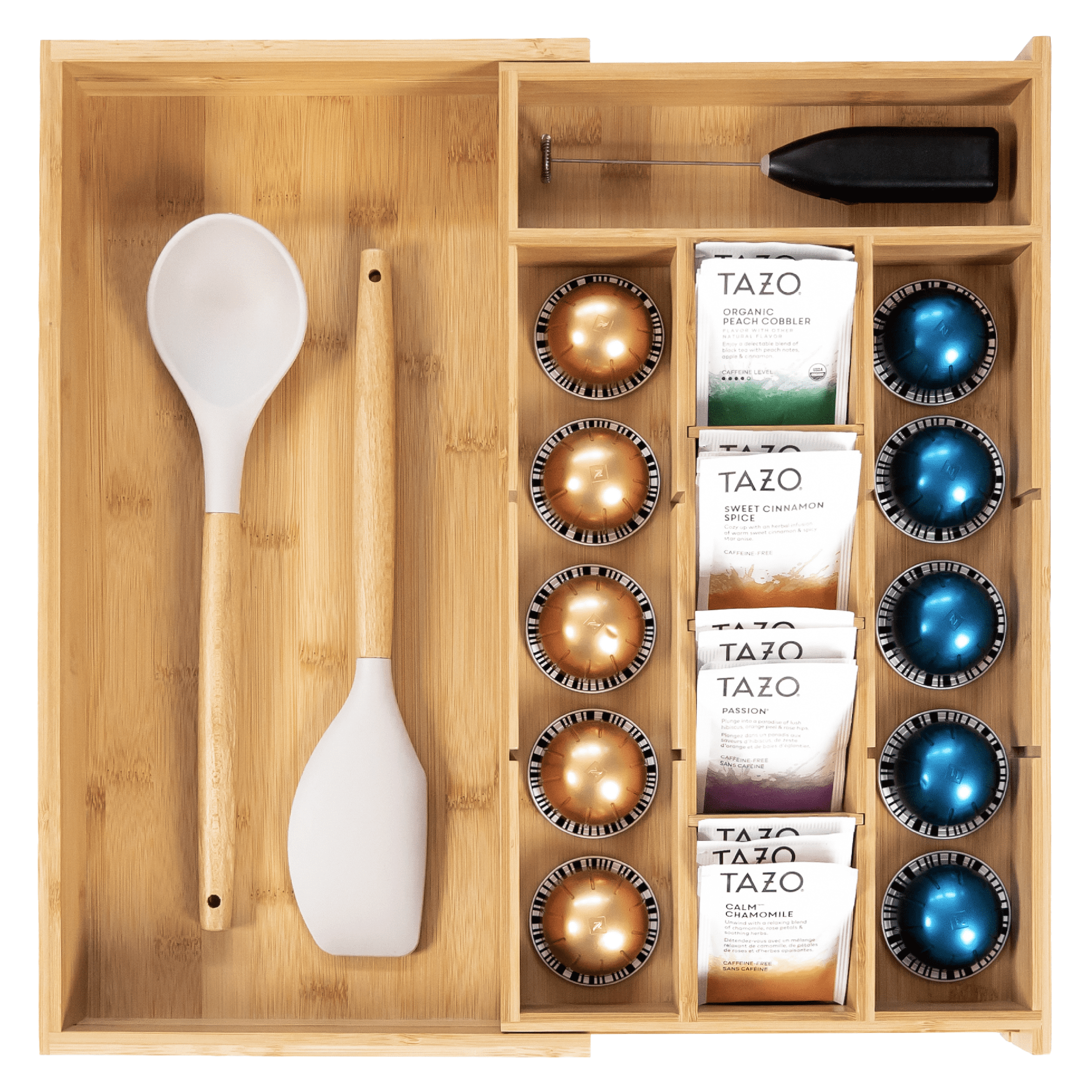 Expandable Bamboo Kitchen Drawer Organizer for Tea Bags and Coffee Pods