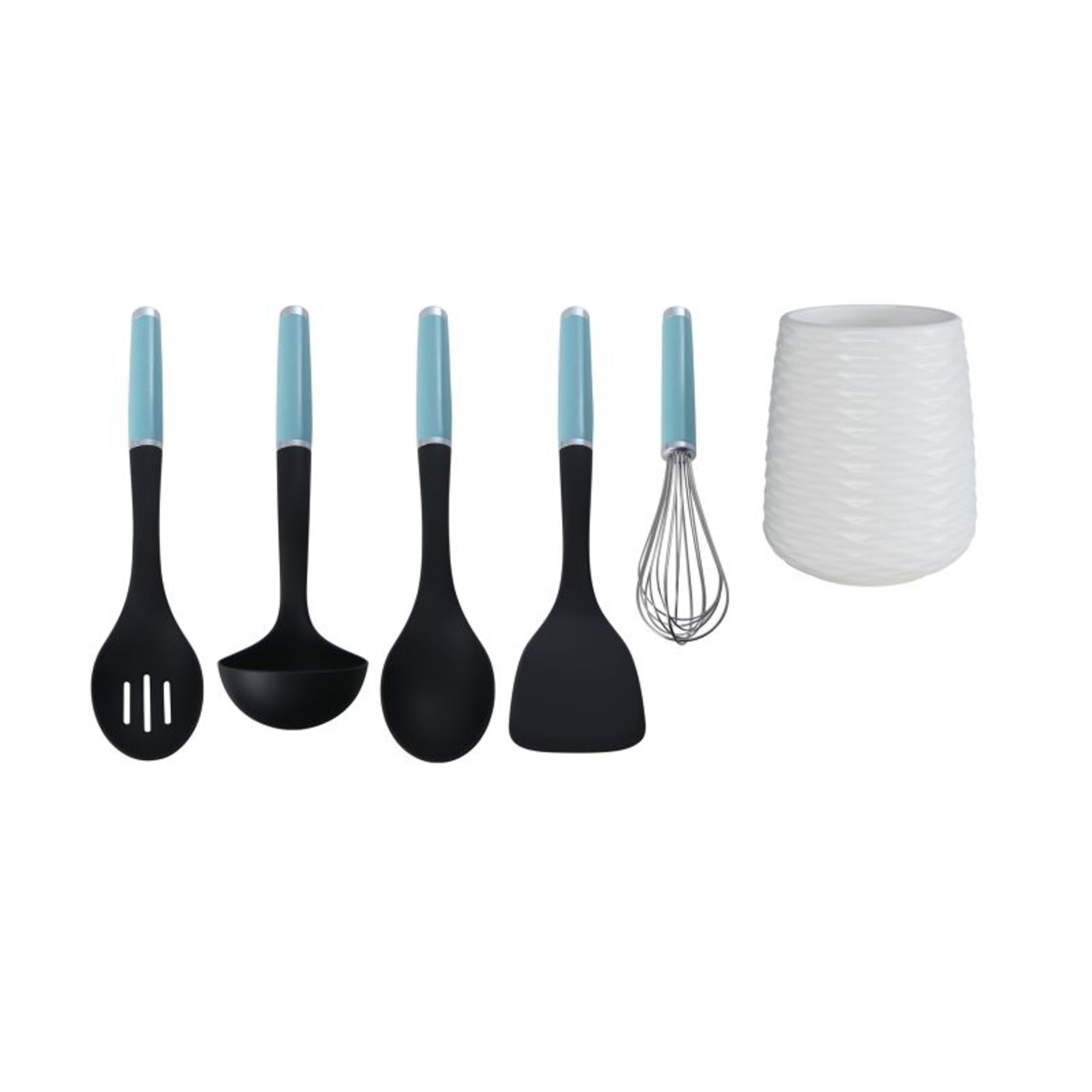 Aqua and Black 6-Piece Nylon Kitchen Tool Set with Ceramic Crock