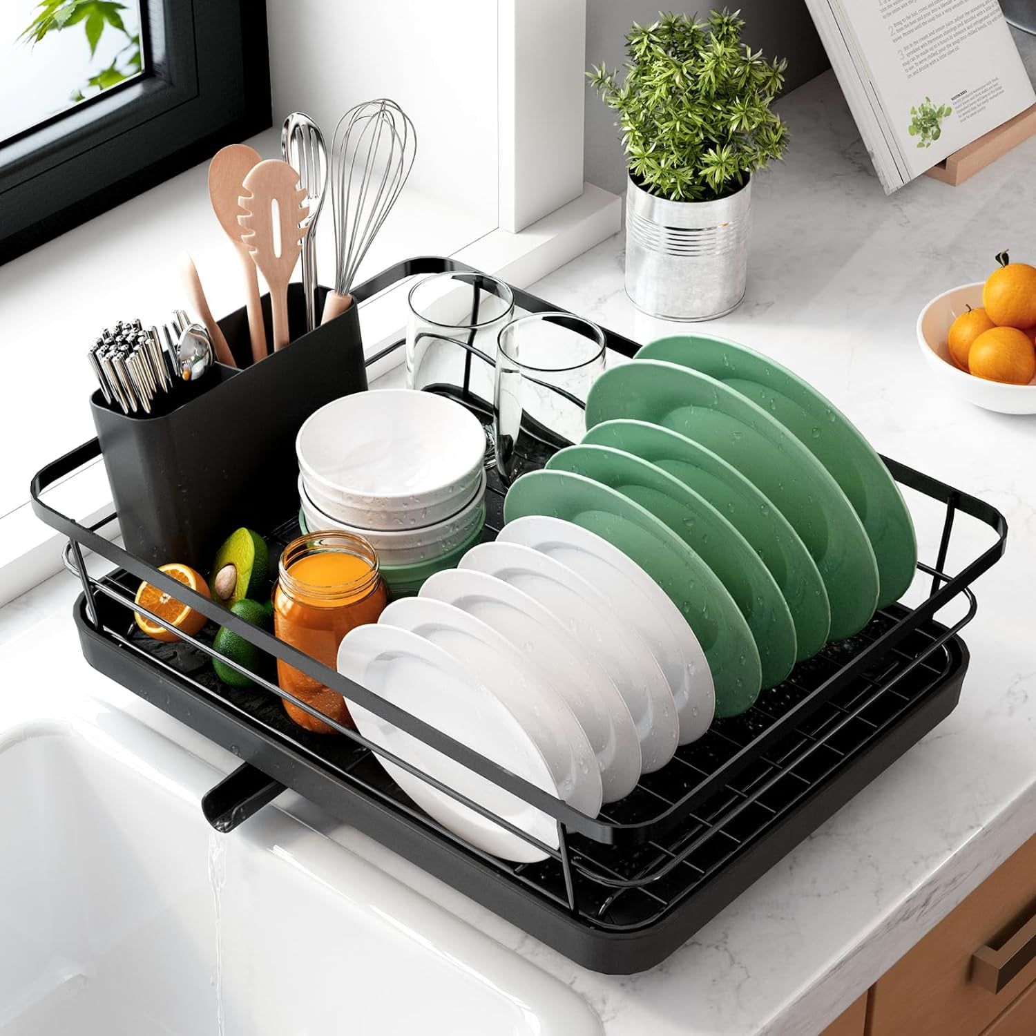 Black Stainless Steel Dish Drying Rack with Utensil Cup