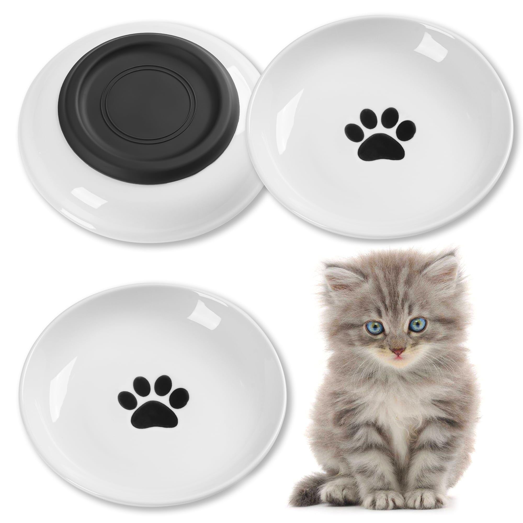 Whisker-Friendly White Ceramic Cat Bowls with Paw Design, Set of 3