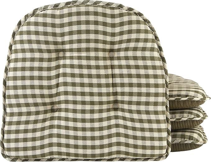 Gingham Pine Non-Slip Tufted Chair Cushions, 15x16 Inches, 4 Pack