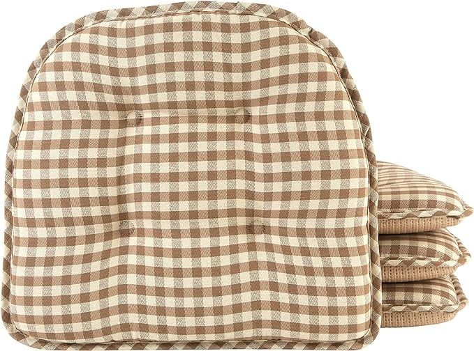 Gingham Natural Non-Slip Tufted Chair Cushions, 15x16 Inches, Set of 4
