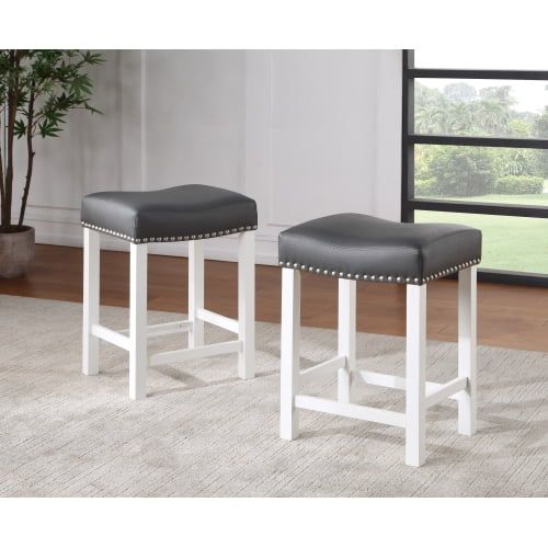 Set of 2 Black Leatherette Backless Counter Stools with White Wood Frame