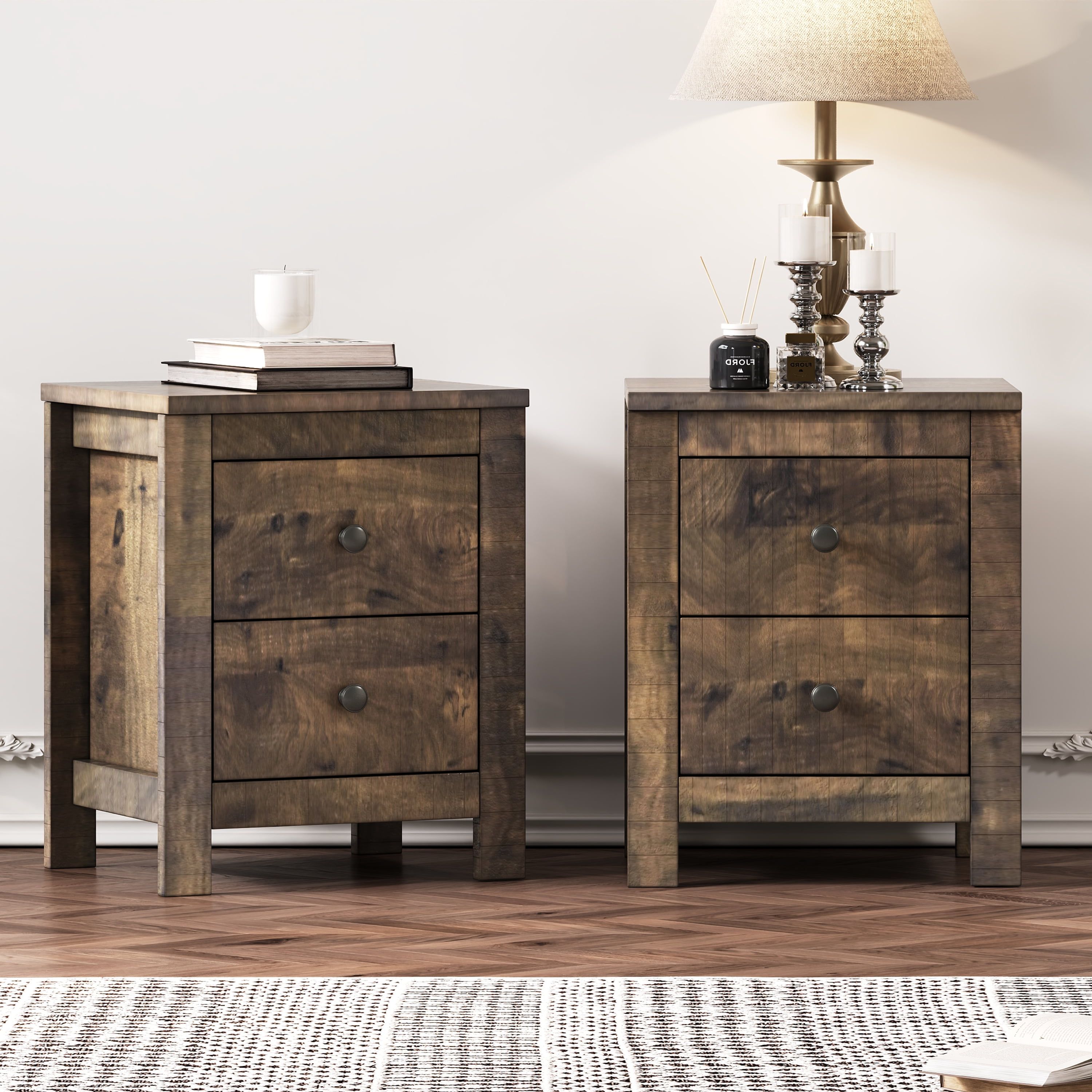 Rustic Walnut Wood Nightstand Set with Two Drawers