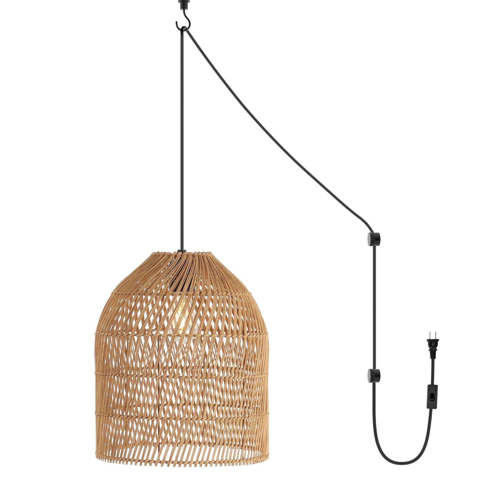 Bohemian Swirl 13" LED Pendant with Adjustable Rattan Shade, Brown