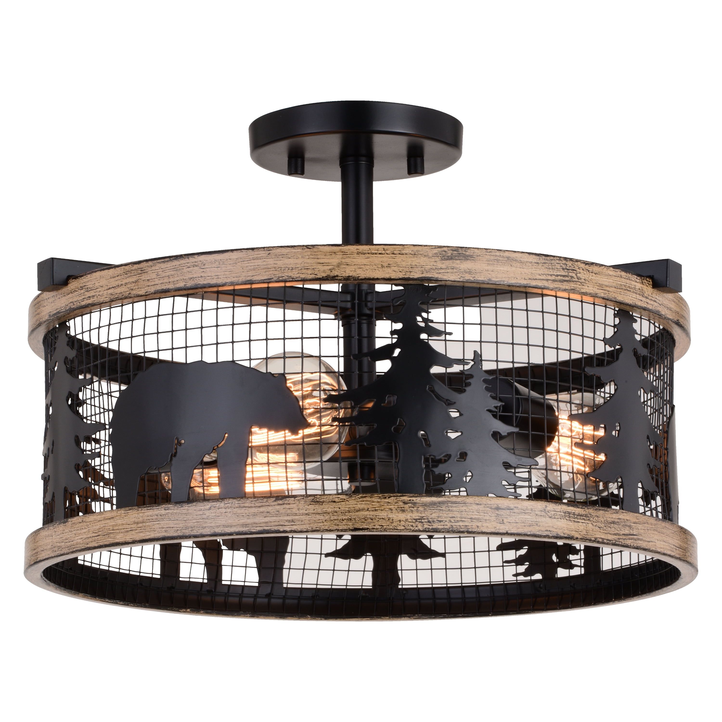 Kodiak Rustic Black and Teak 16" Drum Ceiling Light