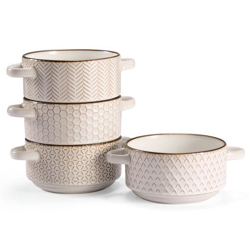 Ivory and Copper Embossed Ceramic Soup Bowls with Handles, Set of 4