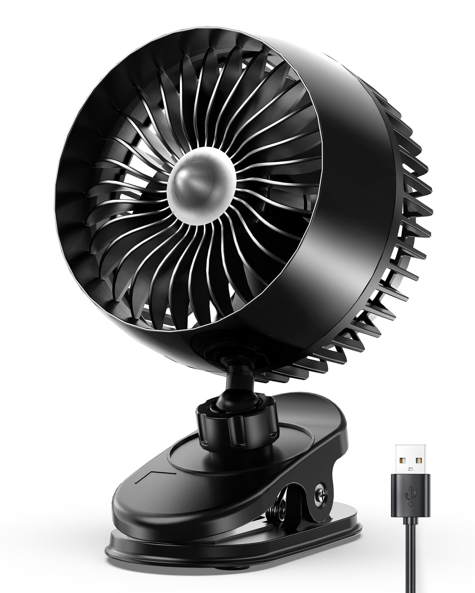 Black USB Clip-On Desk Fan with Strong Clamp and 3 Speeds