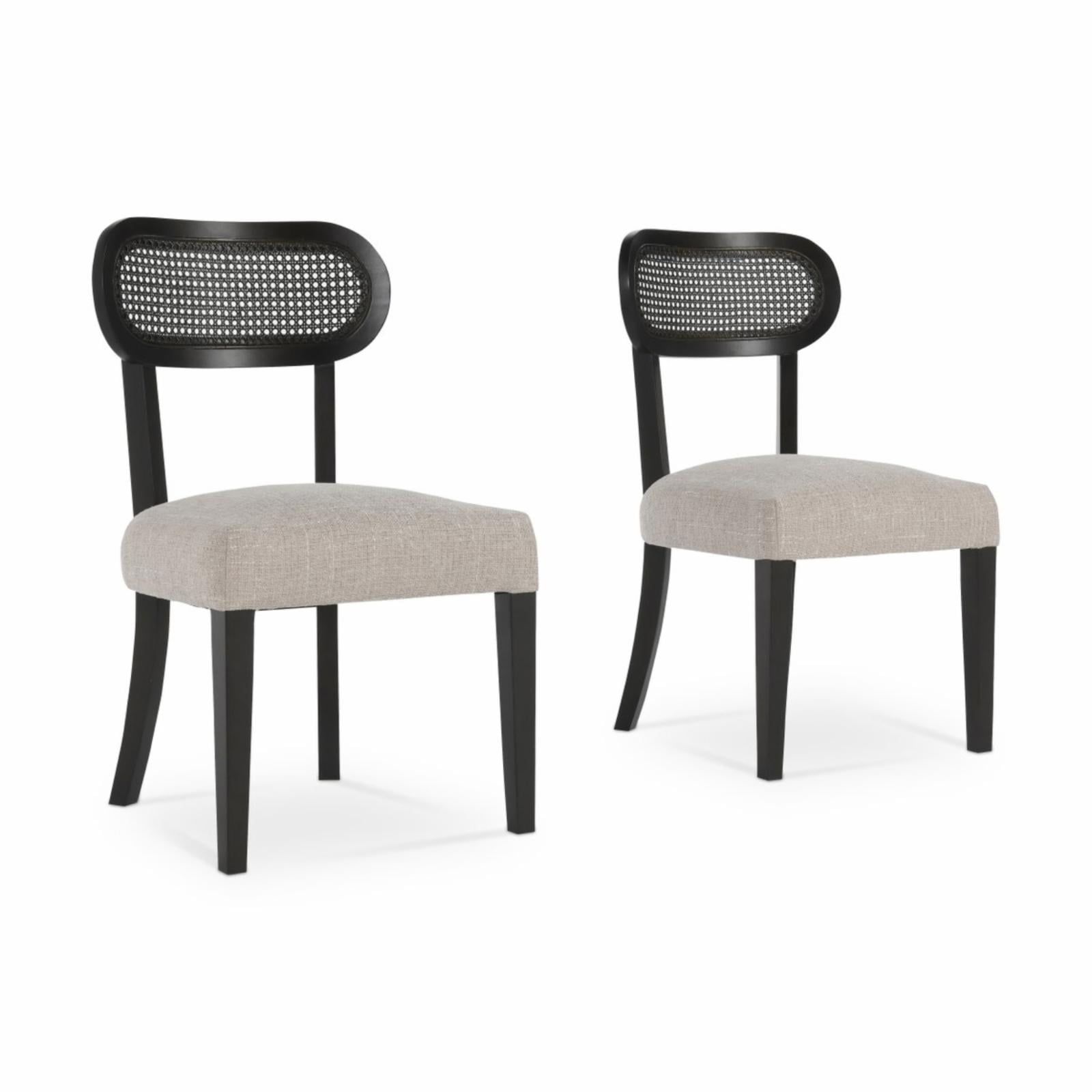 Chic Black Birch Wood Dining Chair with Rattan Back and Linen Blend Seat