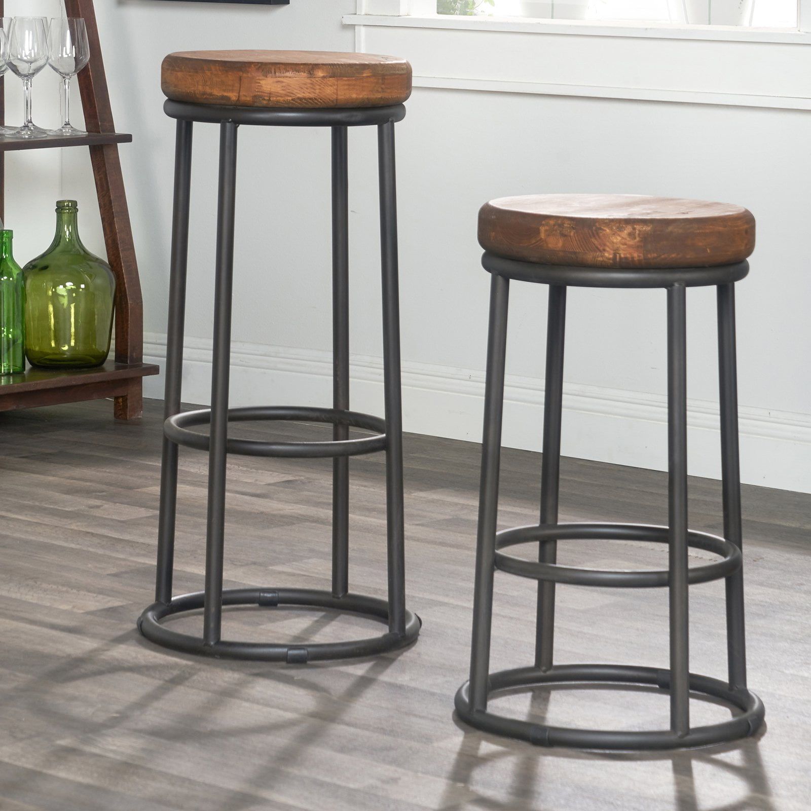 Transitional Backless Black and Brown Wood Metal Counter Stool