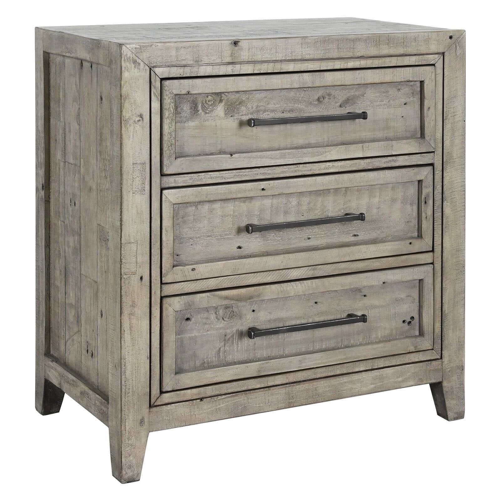 Khaki Grey Solid Pine 3-Drawer Nightstand with Dark Gray Handles