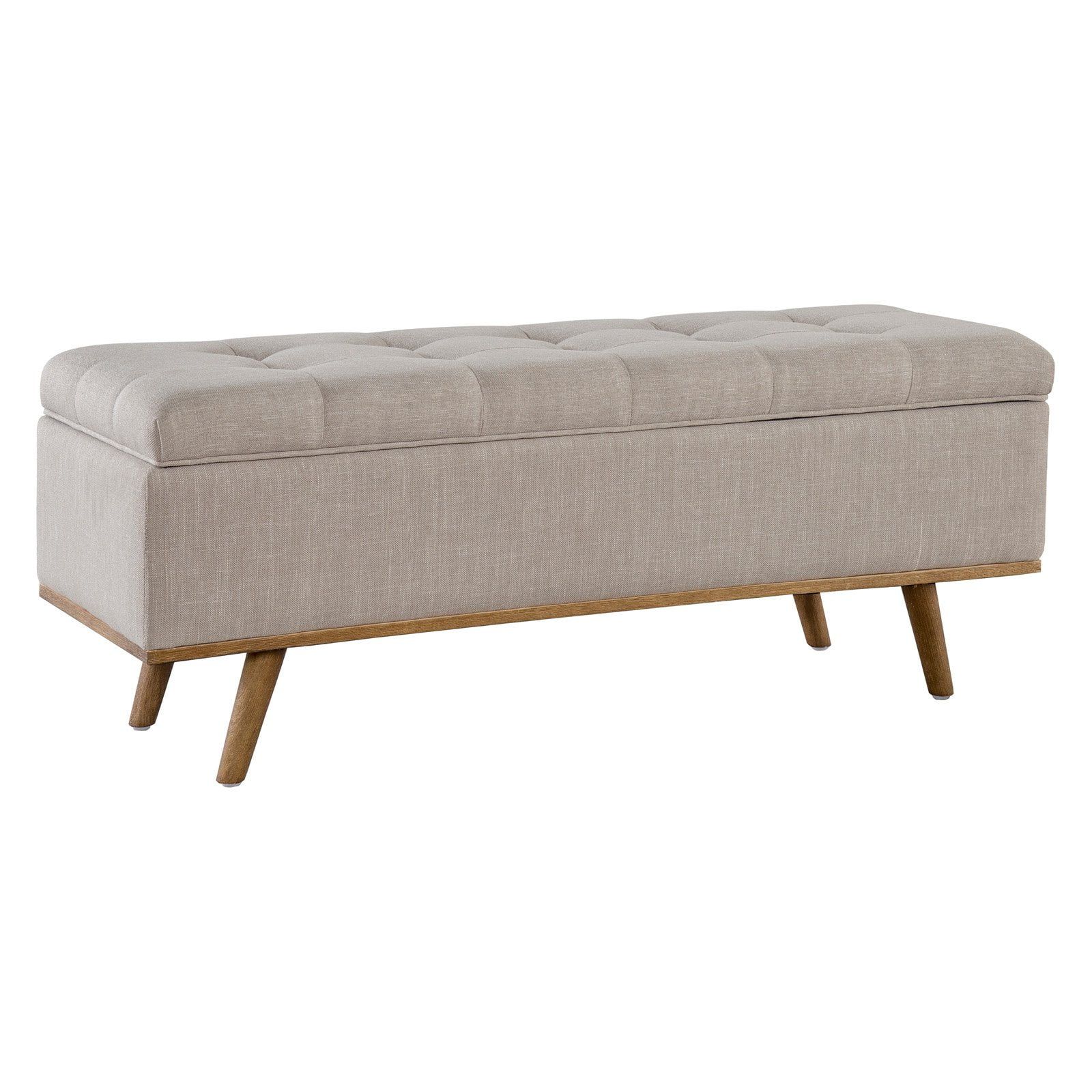 French Beige Upholstered Storage Bench with Wooden Legs