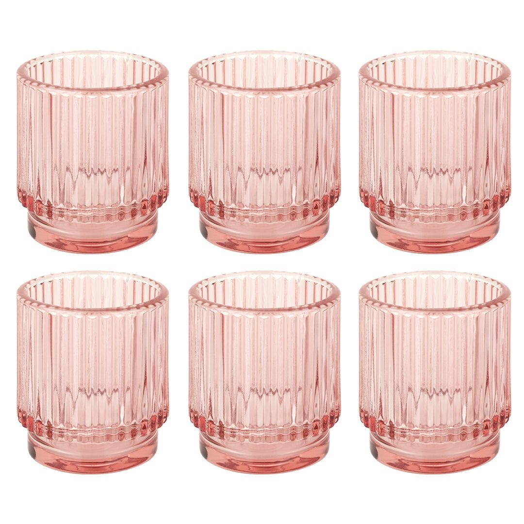 Blush Pink Ribbed Glass Votive Candle Holders, Set of 6