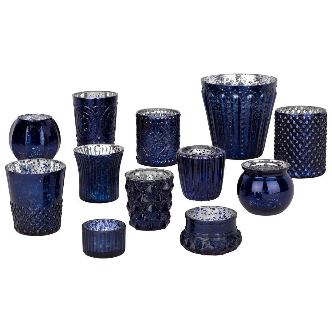 Navy Blue Glass Mismatched Votive Candle Holders Set of 12