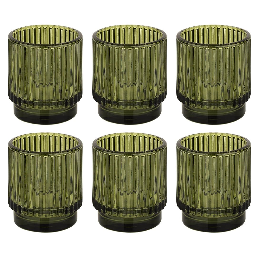 Olive Green Ribbed Glass Votive Candle Holders, Set of 6