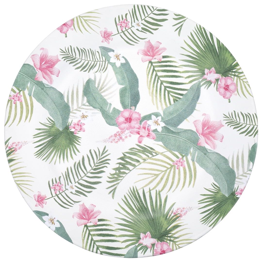 Tropical Hibiscus Leaves Round Acrylic Charger Plates, Set of 4