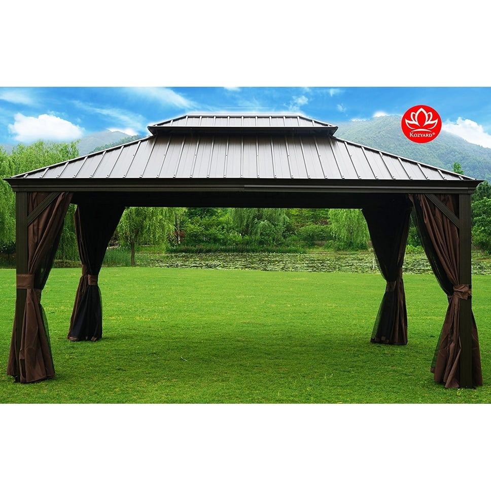 Kozyard Alexander 12' x 16' Brown Aluminum Hardtop Gazebo with Curtains