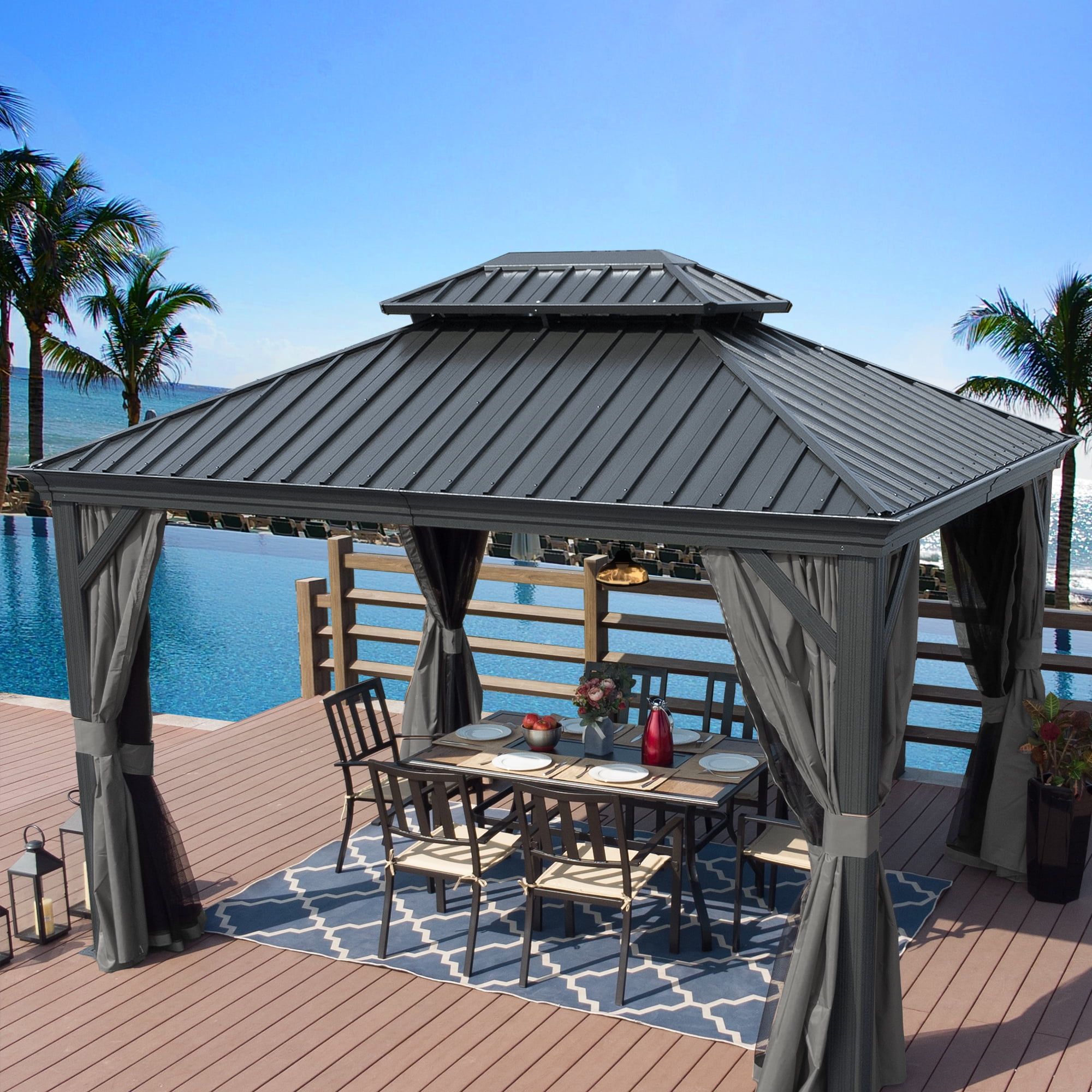 Alexander 10'x12' Gray Aluminum Hardtop Gazebo with Mosquito Net and Privacy Sidewalls