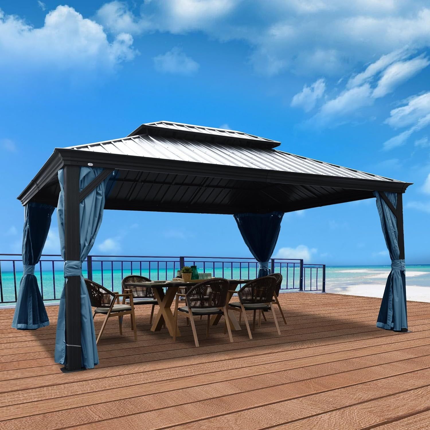 Alexander 12' x 16' Gray Aluminum Hardtop Gazebo with Curtains