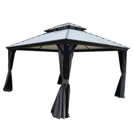 Alexander 12' x 12' Gray Aluminum Hardtop Gazebo with Mosquito Netting and Curtains