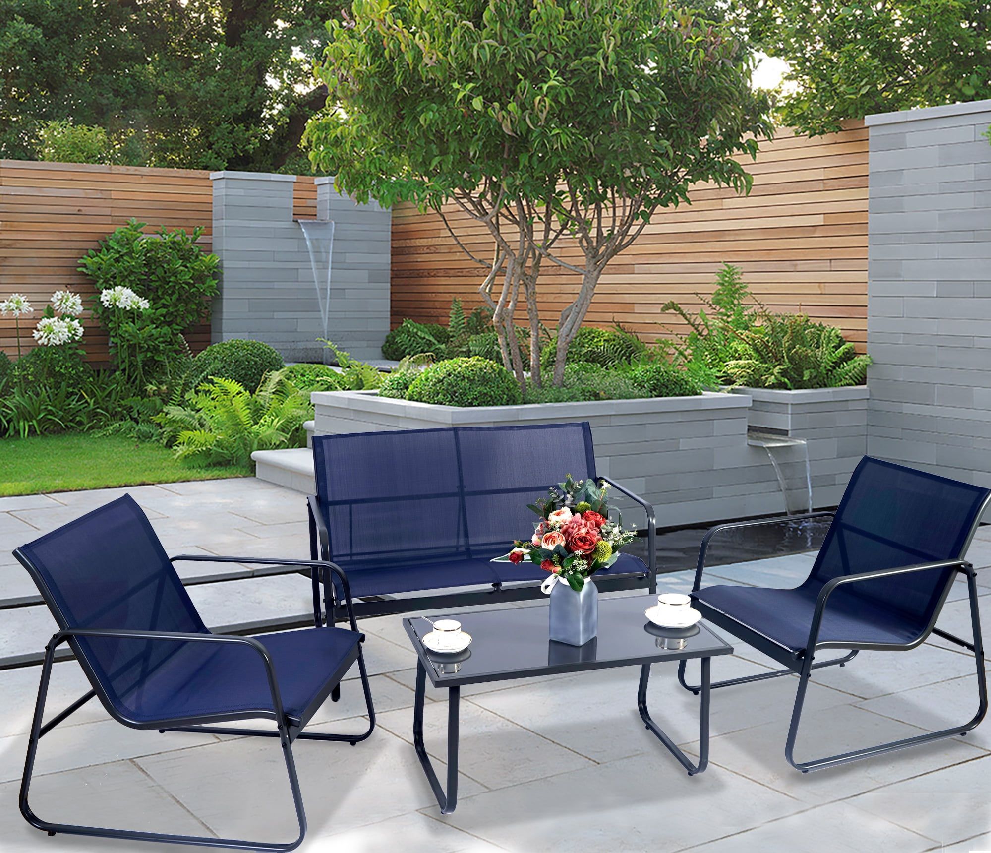 Navy Blue 4-Piece Metal Outdoor Conversation Set