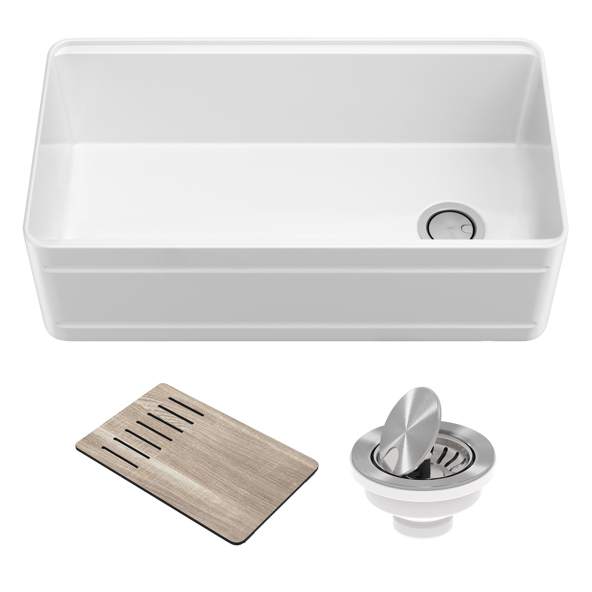 Gloss White Fireclay Farmhouse Single Bowl Kitchen Sink with Accessories