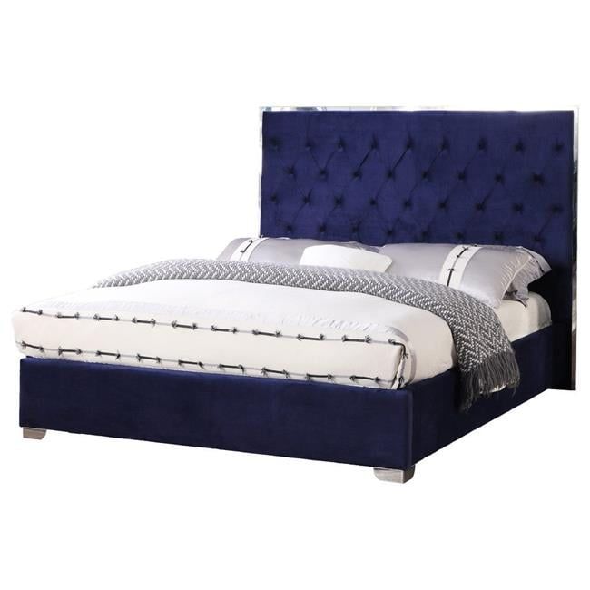 Kressa Blue Velvet Tufted King Bed with Upholstered Headboard