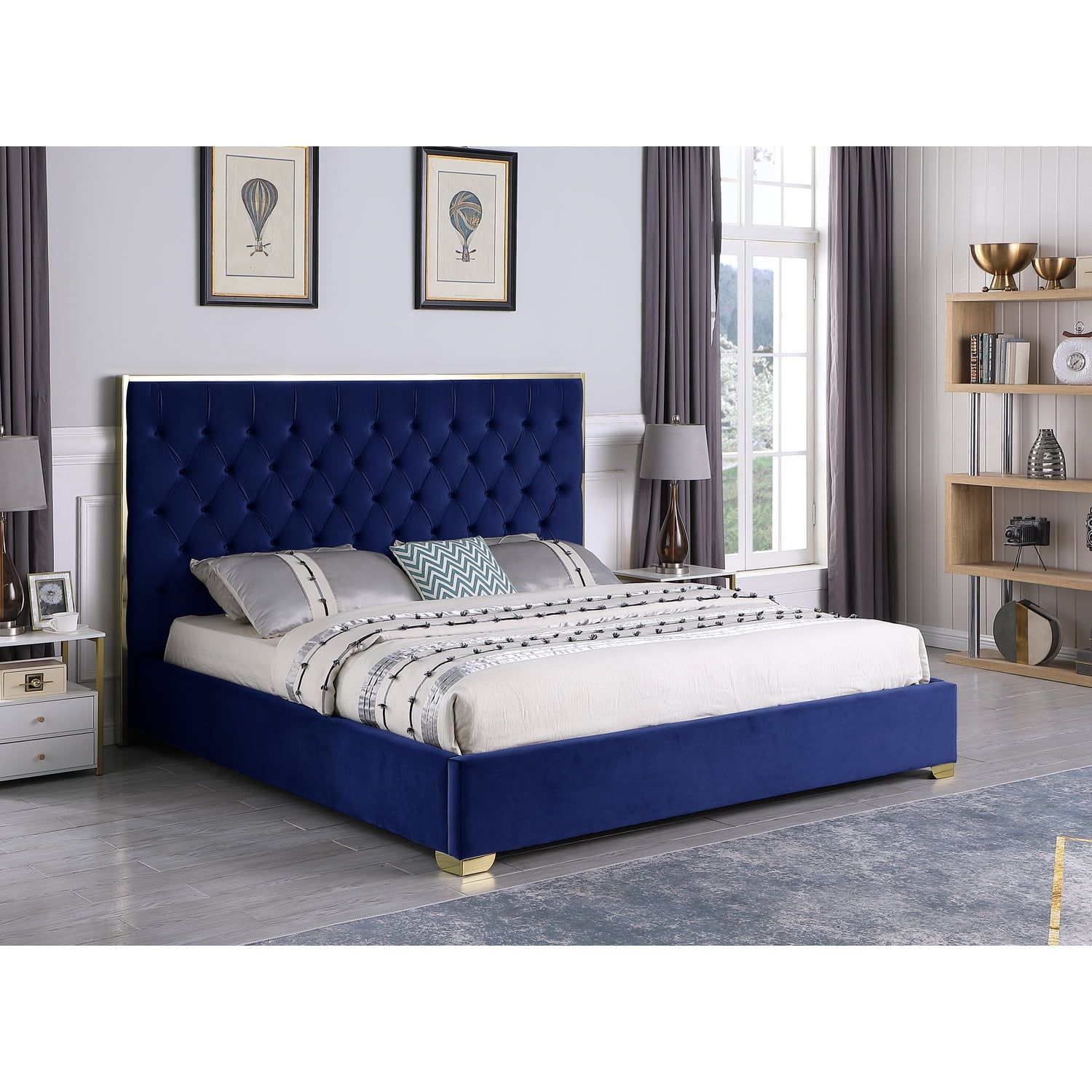 Blue Velvet Tufted Queen Platform Bed with Gold Accents