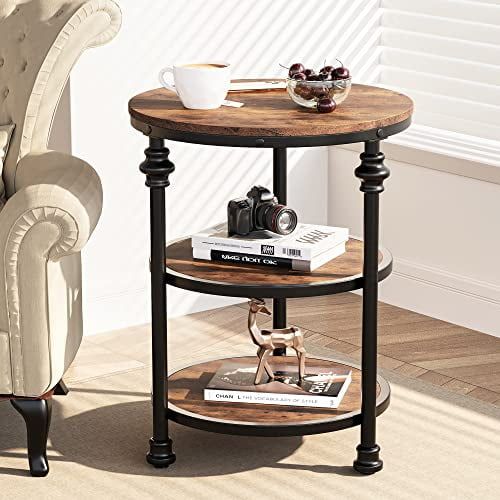 Rustic Brown 3-Tier Round Wood and Metal Side Table