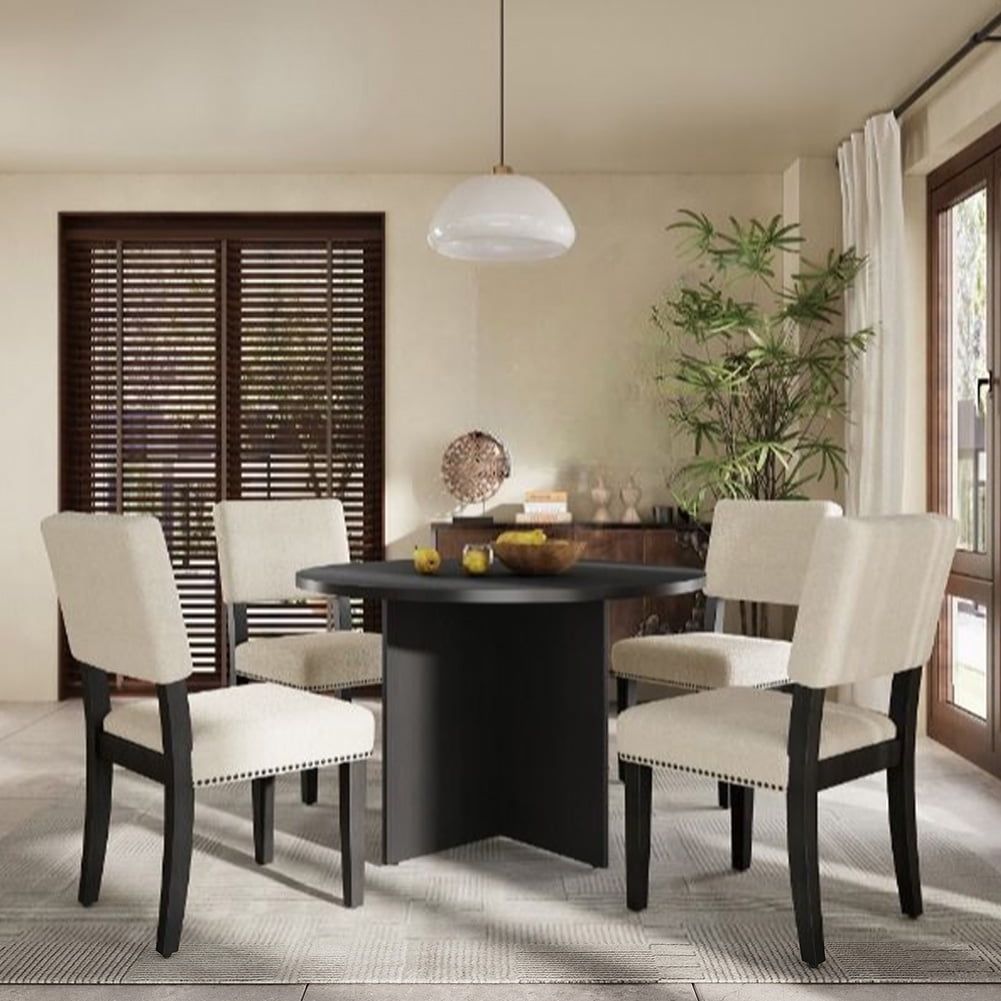 Modern Black Pedestal Round Dining Table Set with Upholstered Chairs