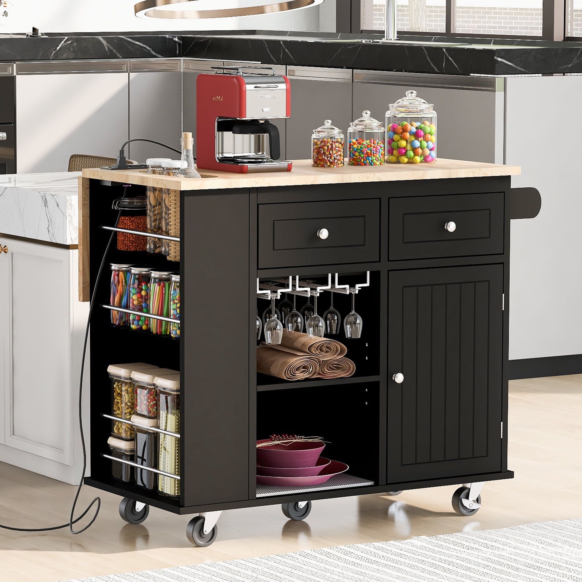 Black Kitchen Island Cart with Power Outlet and Storage