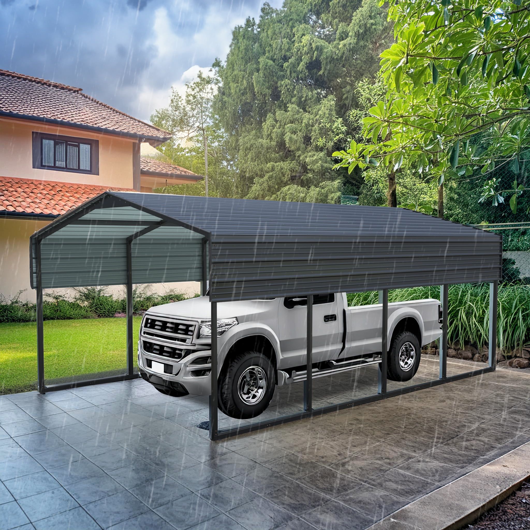 12x20 FT Dark Gray Heavy Duty Metal Carport with Reinforced Frame