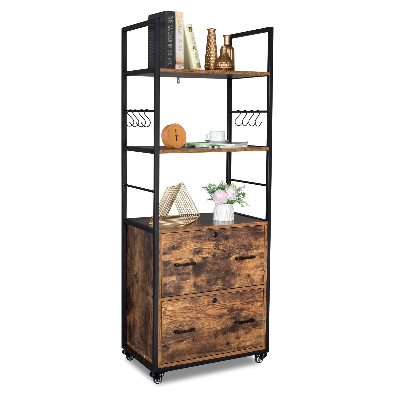 Rustic Brown 2-Drawer Lockable Lateral File Cabinet with Shelves