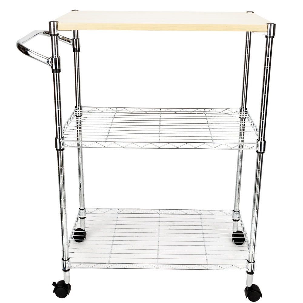 Silver 3-Tier Rolling Kitchen Cart with MDF Top