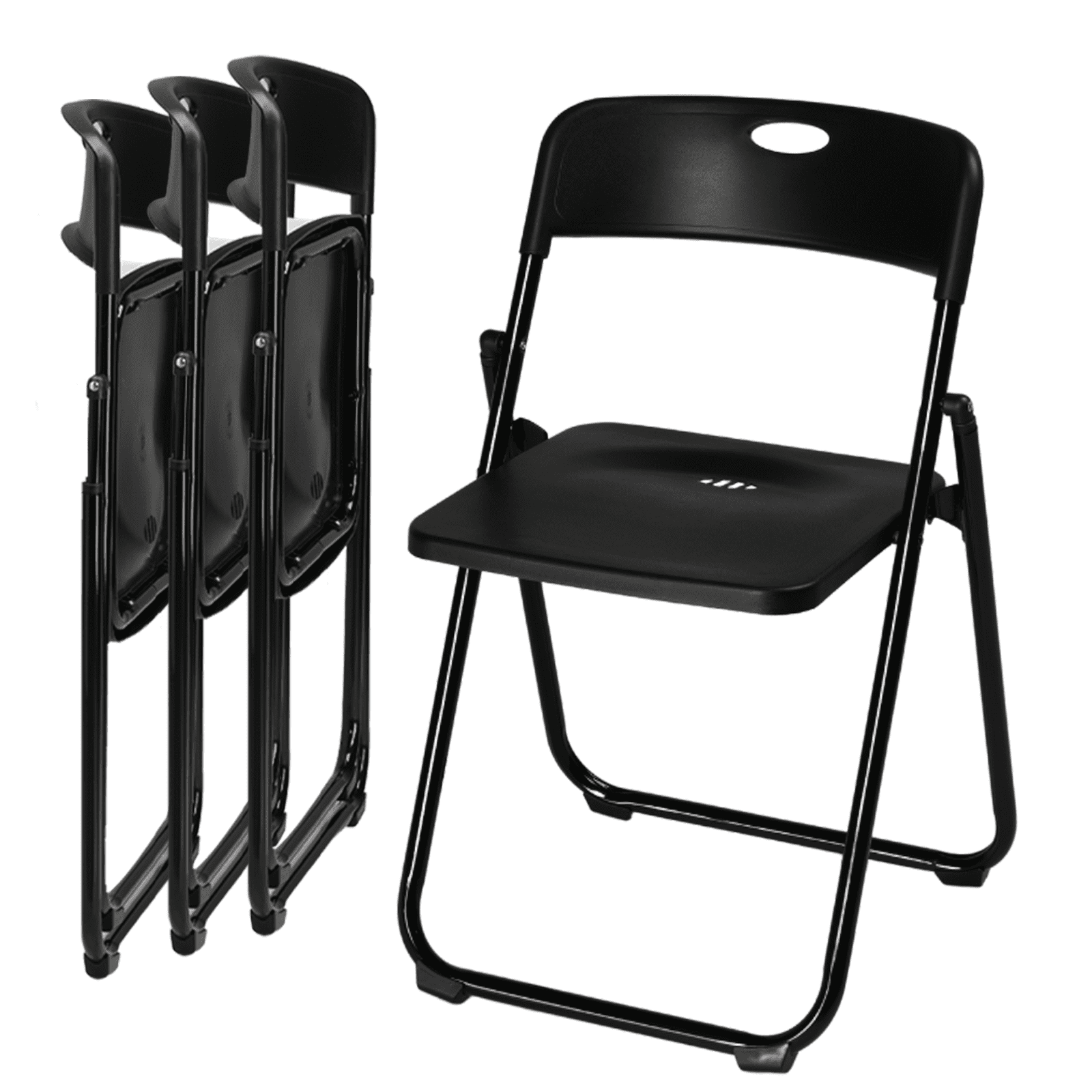 Black Stackable Plastic Folding Chairs with Metal Frame - Set of 4