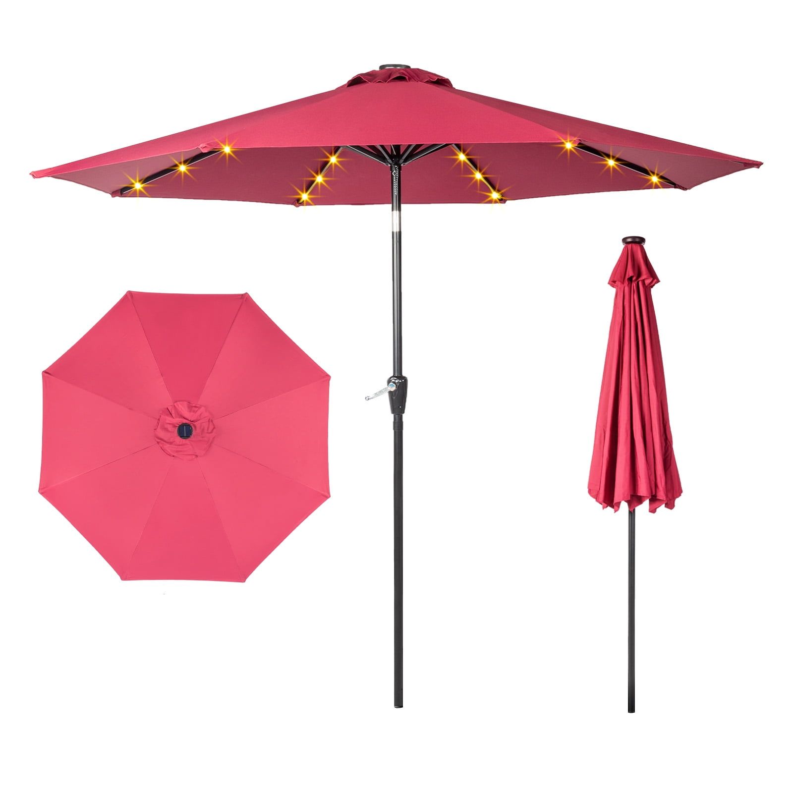 9 ft Red Solar LED Tilt Patio Umbrella with Steel Pole