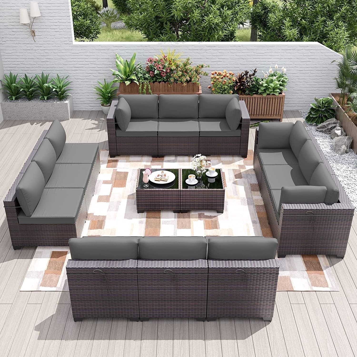 14-Piece Gray Wicker Outdoor Sectional Sofa Set with Steel Frame