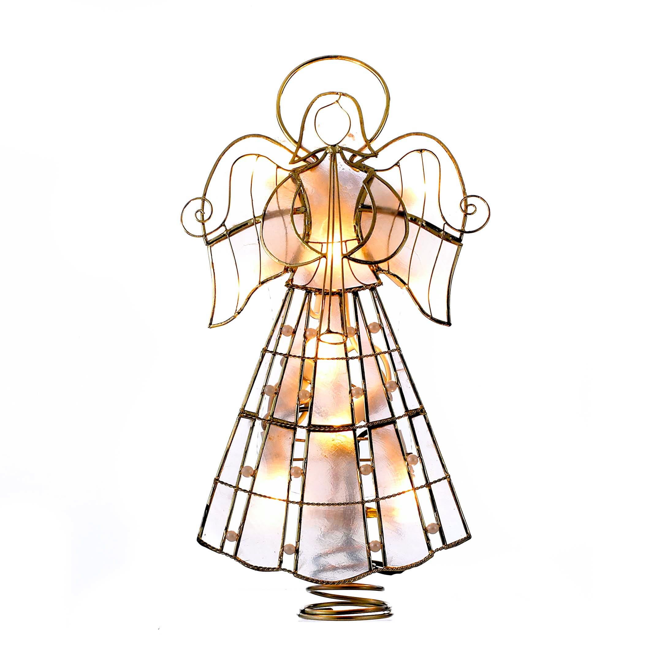 Gold Capiz Angel Tree Topper with Pearls and Lights