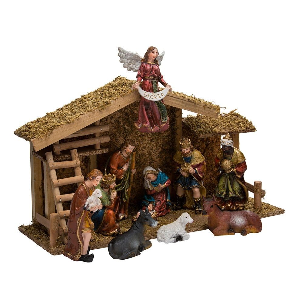 12-Piece Traditional Nativity Set with Wooden Stable