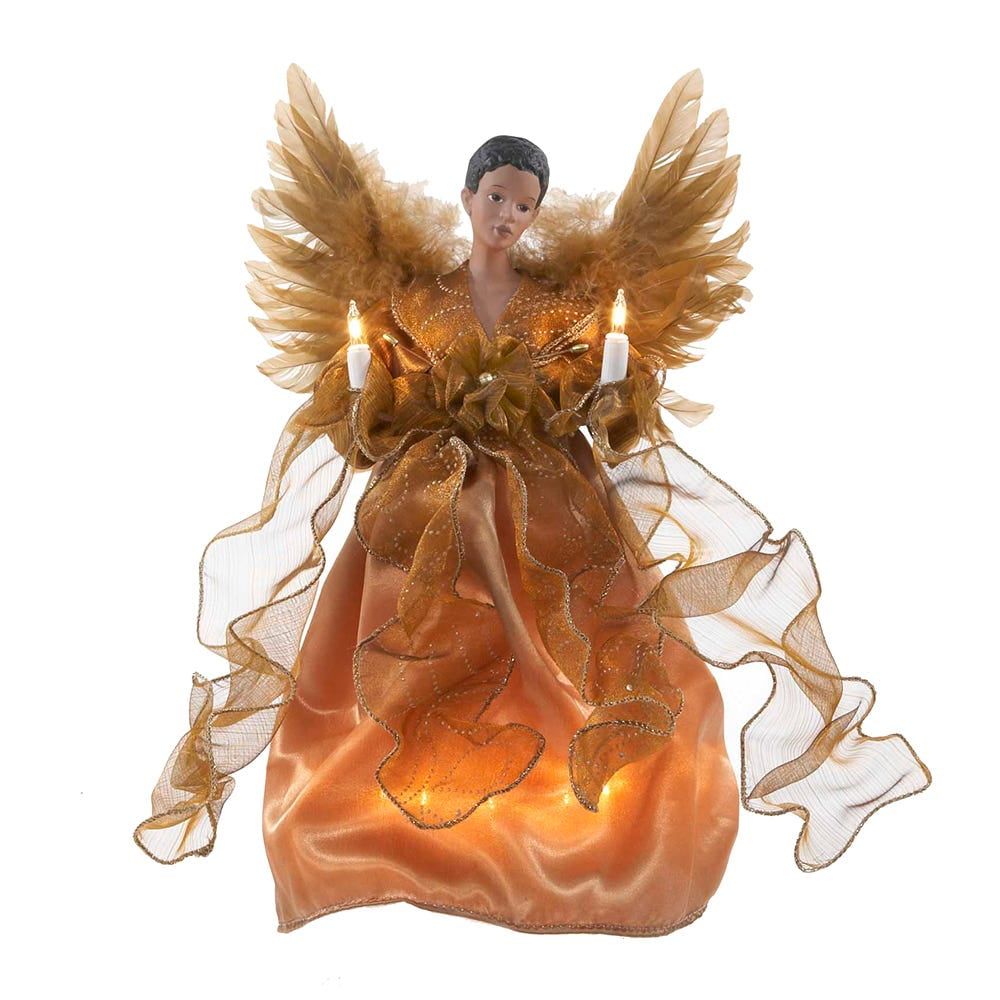 Gold Porcelain Angel Tree Topper with Lights, 13-Inch