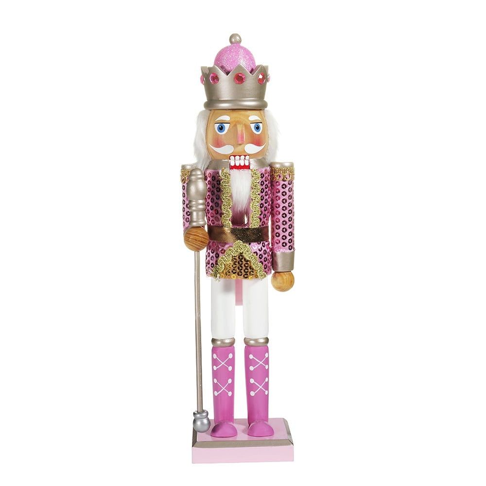 16-Inch Pink and Gold Sequined Wooden Nutcracker