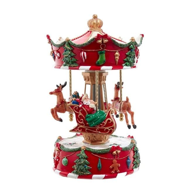 Red Pinewood Musical Wind-Up Christmas Carousel Table Piece