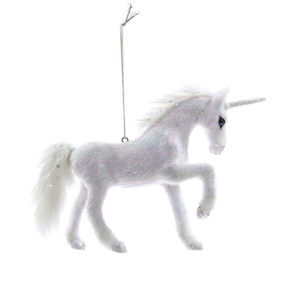 White Plush Glittered Unicorn Christmas Ornament with Silver String